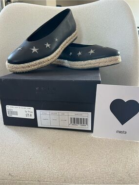 Miista Black Espadrille Flats with Silver Star Accents
